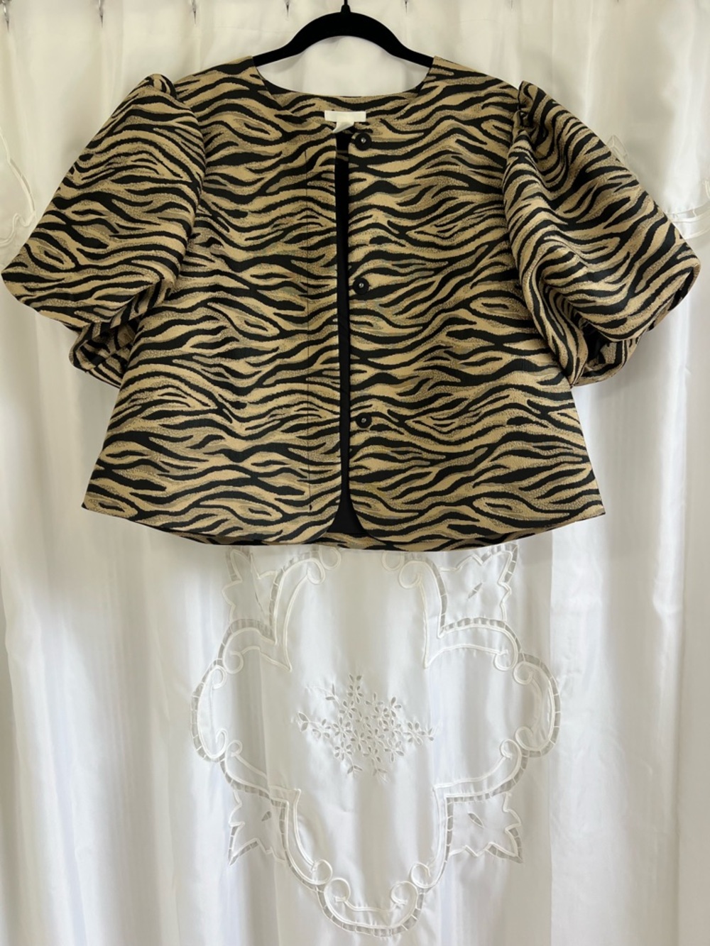 H&M Zebra Jacquard Puff Sleeve Jacket Gold Black Cropped Blazer Size L - Picture 3 of 12